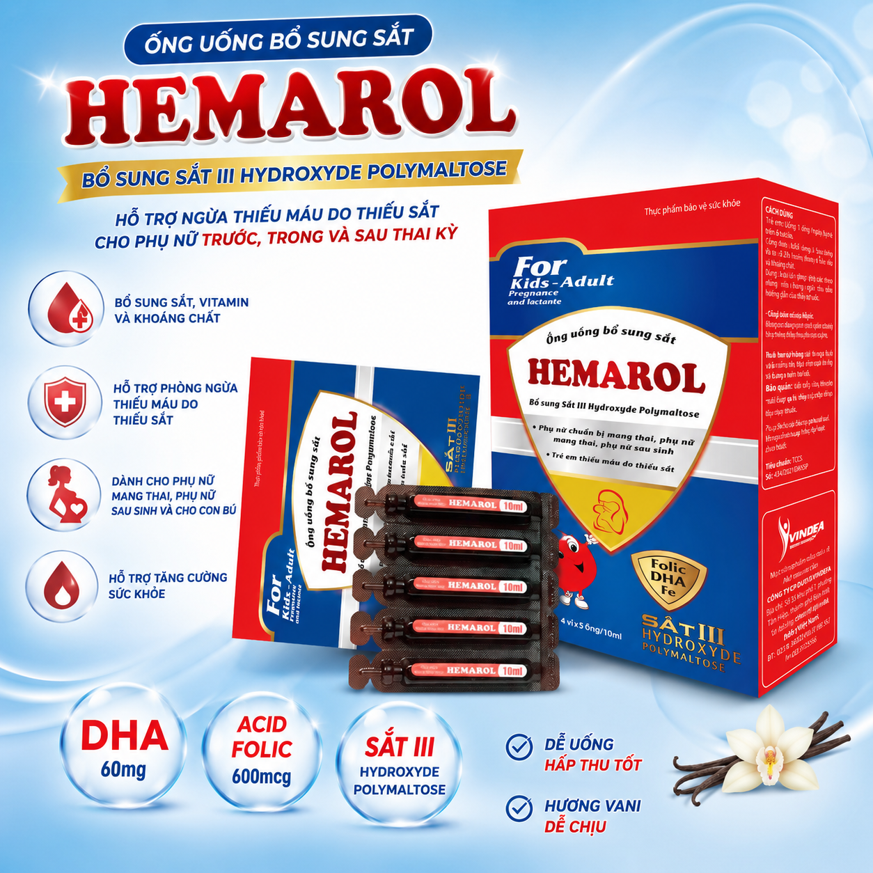 Siro Bổ Sung Sắt và Khoáng Chất HEMAROL, Hộp 20 Ống x 10ml