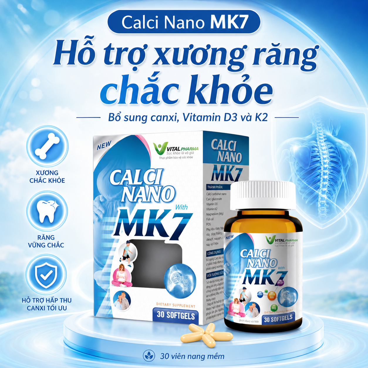 Canxi Nano MK7, Hộp 30 viên