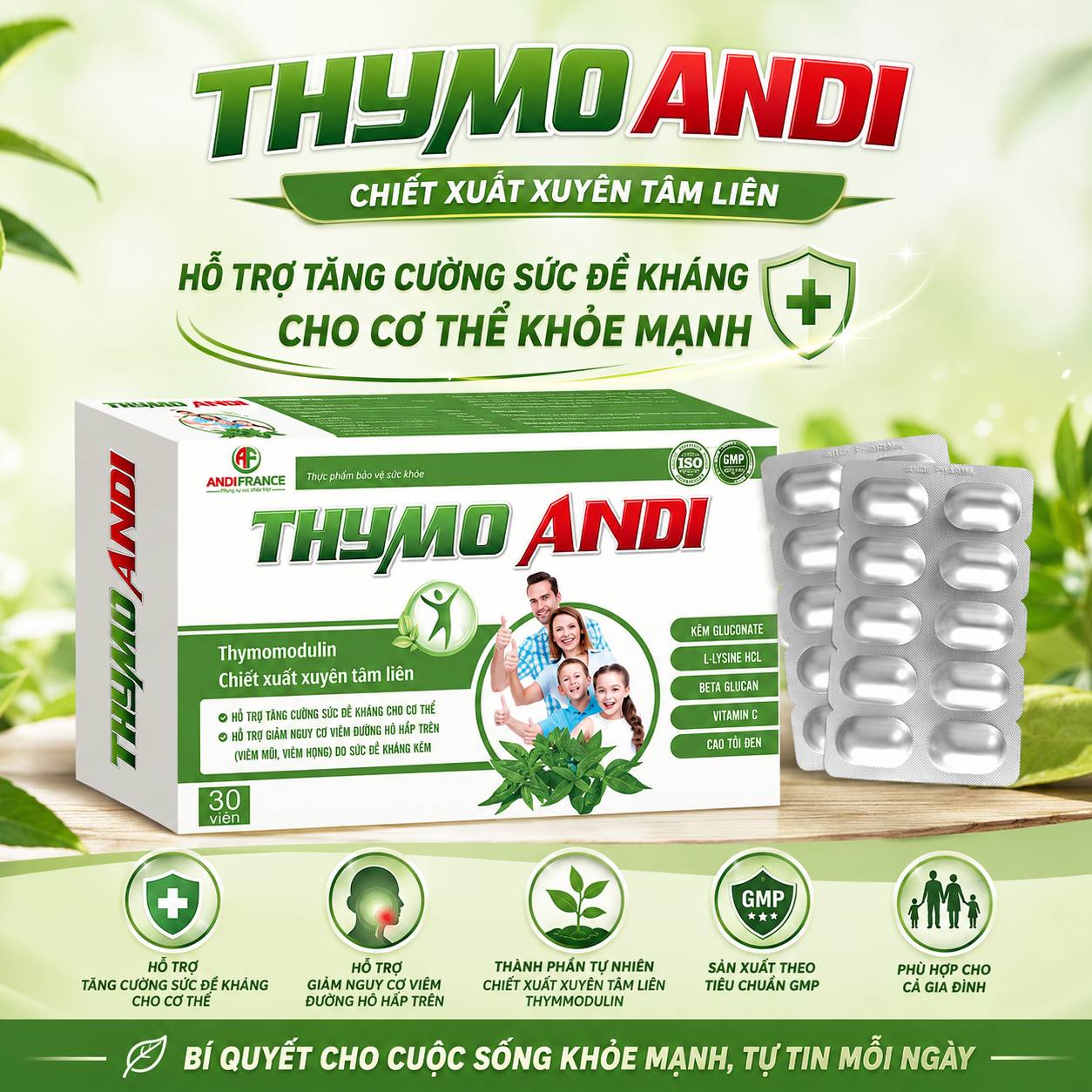 Tăng Cường Đề Kháng Thymo Andi,  Hộp 30 viên